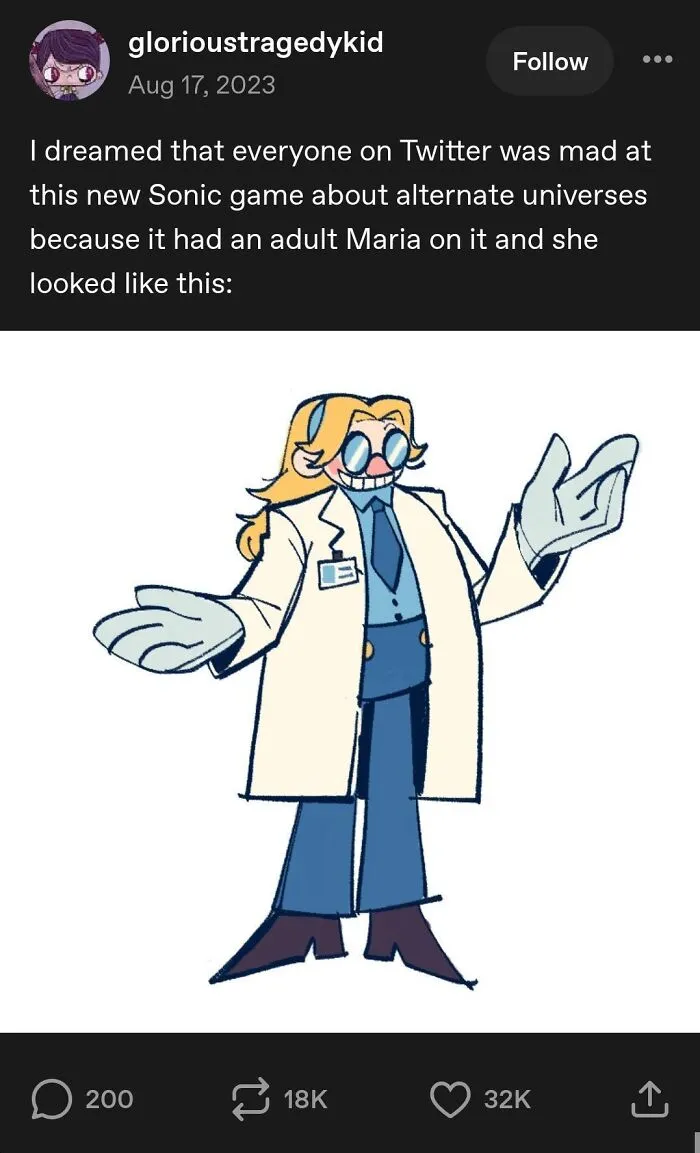 Tumblr post with a fan art illustration of an adult Maria Robotnik in a lab coat.