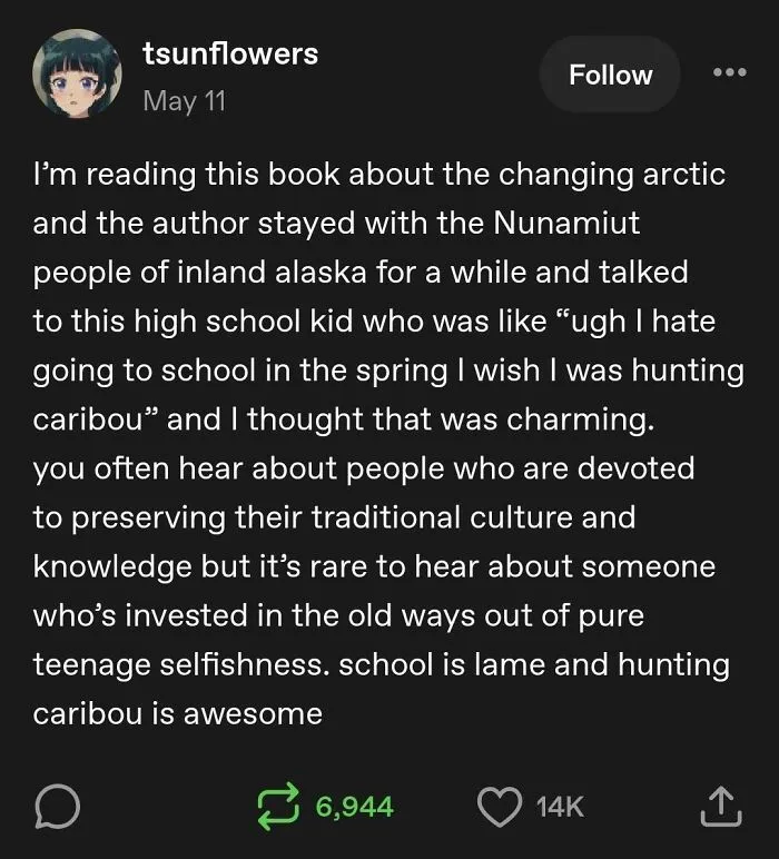 Tumblr post about an Arctic book discussing a high schooler who prefers hunting caribou to school.