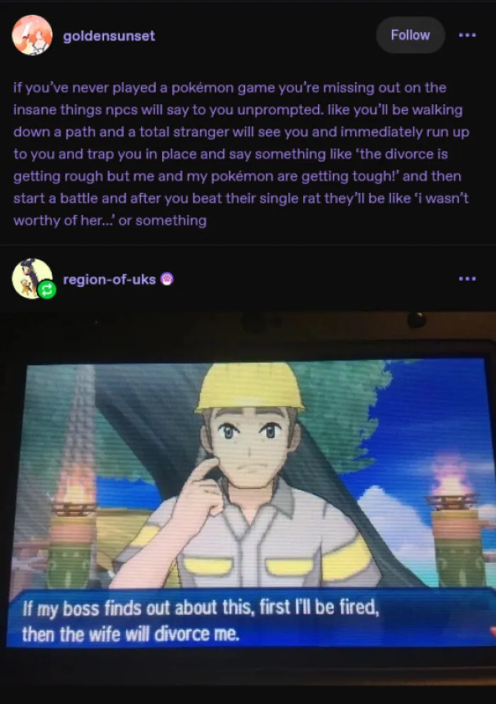 Clever Tumblr post about weird non-player character dialogue in Pokémon games