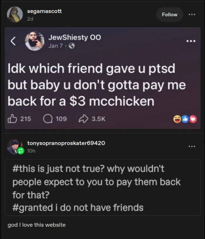 Weird Tumblr users discussing paying back small amounts of money to friends
