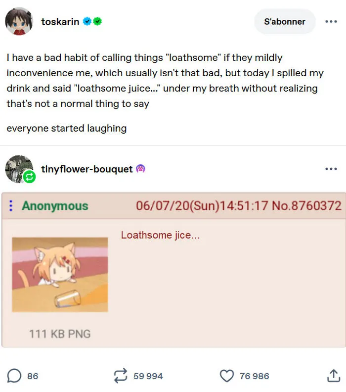 Chaotic Tumblr post joking about spilled drink reactions and loathsome juice