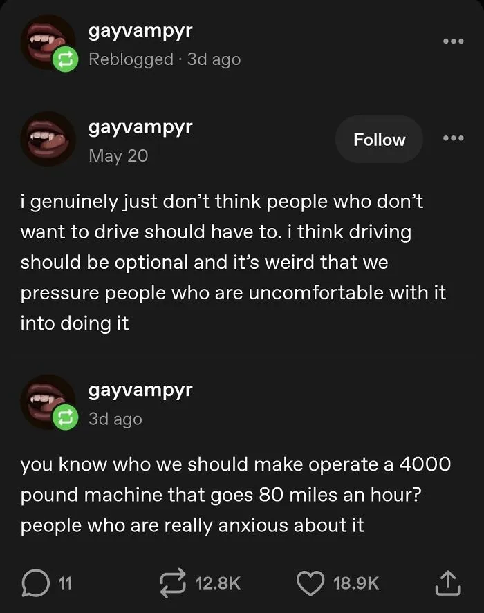 Funny Tumblr post debating whether anxious people should be forced to drive cars