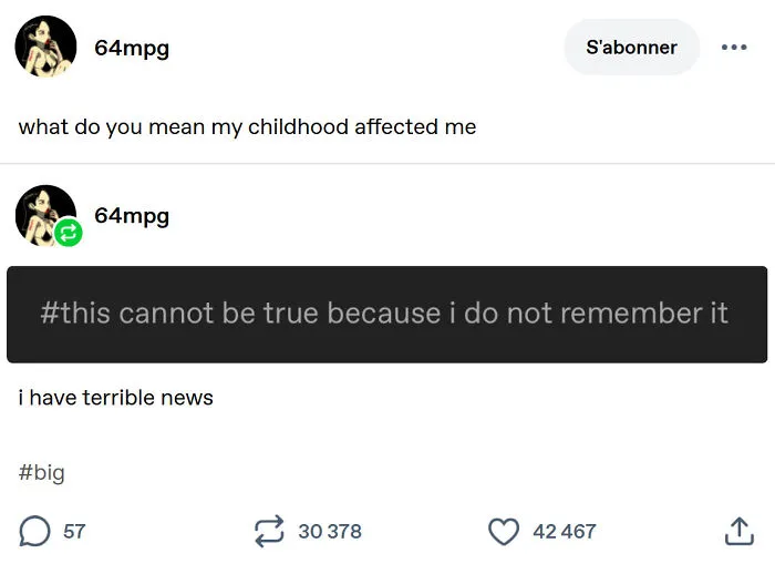 Humorous screenshot of clever Tumblr posts discussing childhood trauma and memory loss.