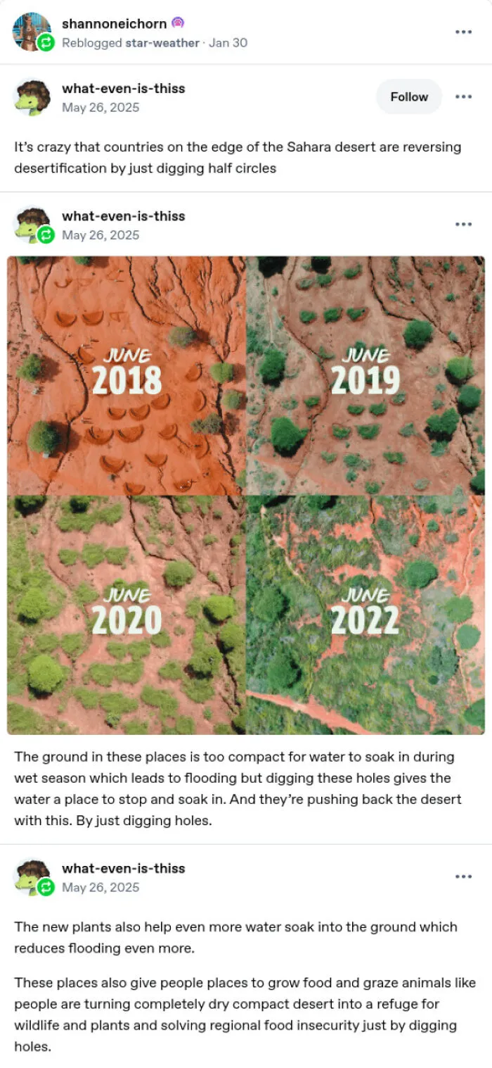 Educational and clever Tumblr posts showing aerial photos of desert greening via half-circle pits.