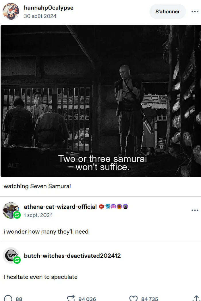 Clever Tumblr posts joking about movie subtitles in a scene from Seven Samurai.