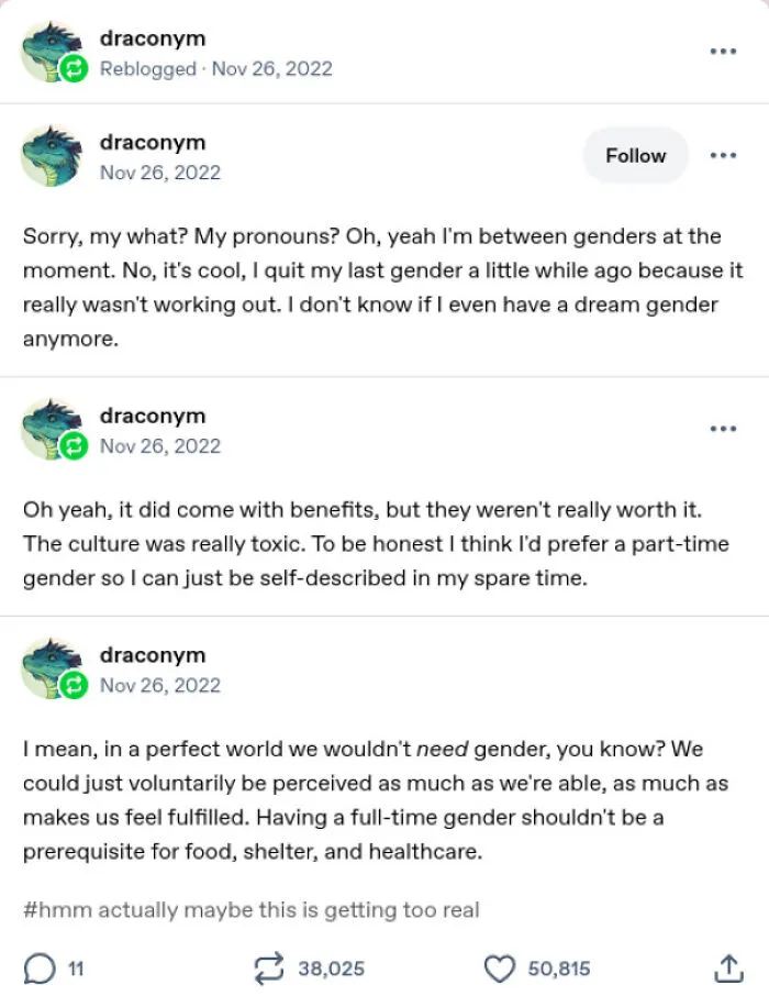 Funny screenshot of funny Tumblr posts discussing genders treated like jobs in a satirical tone.