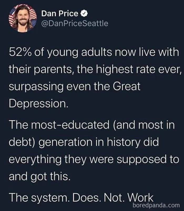 Tweet screenshot about economic crisis and debt, fitting the theme of dark dystopian memes.