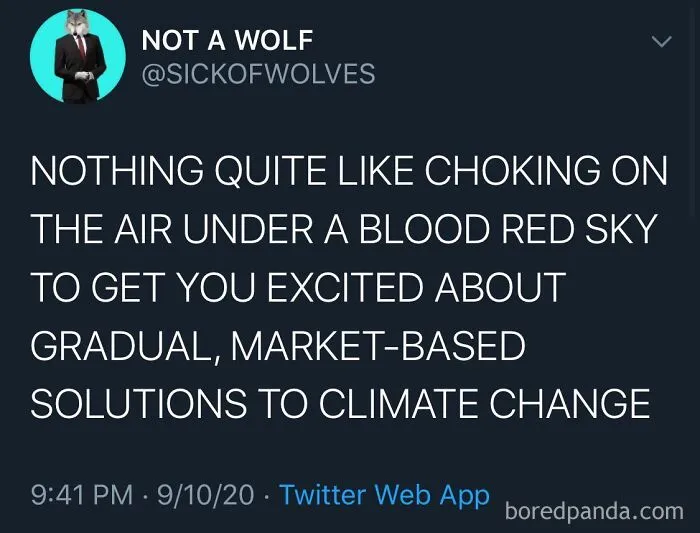 Dark dystopian memes featured in a tweet about choking on air under red skies while waiting for climate change solutions.