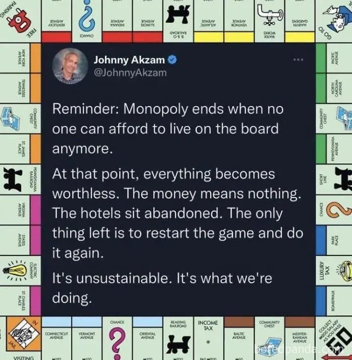 A social media post framed by a Monopoly board, representing dark dystopian memes about economic sustainability.