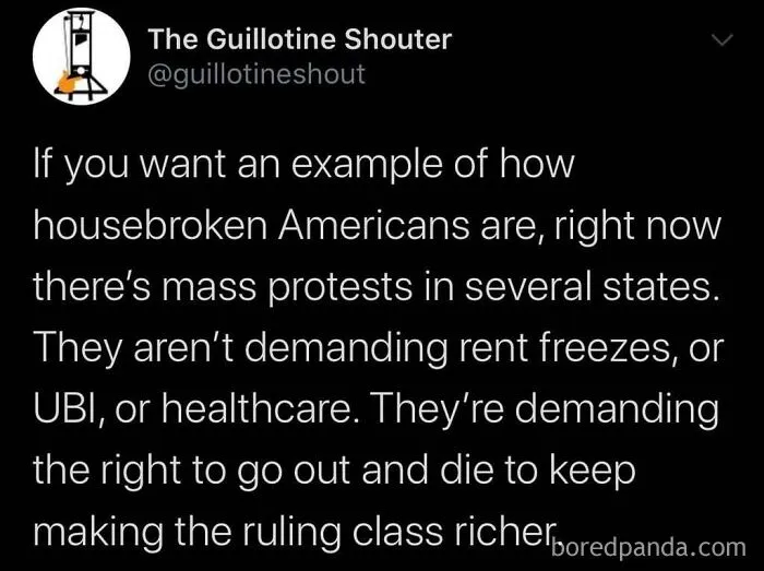 A social media tweet illustrating dark dystopian memes about societal protests and economic class dynamics.