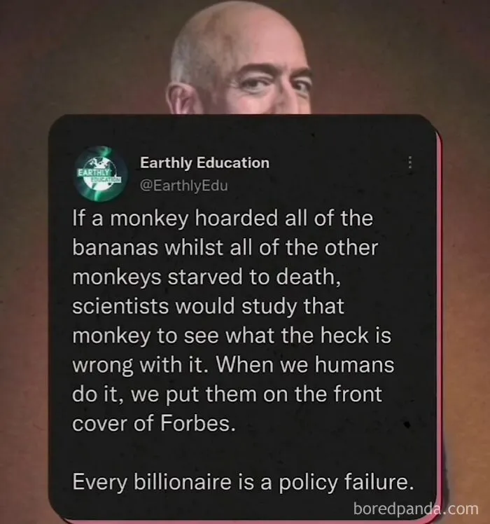 Tweet quote about wealth inequality overlaid on Jeff Bezos picture as dark dystopian memes commentary.