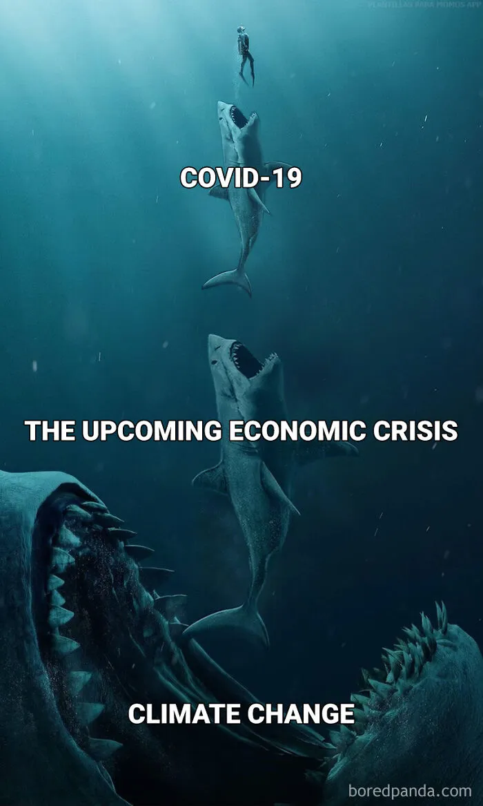 Underwater scene depicting escalating threats as dark dystopian memes on economic and climate crises.