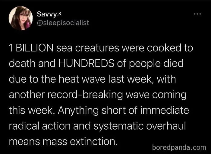 A dark tweet addressing heat waves and environmental crisis, capturing the essence of dark dystopian memes.