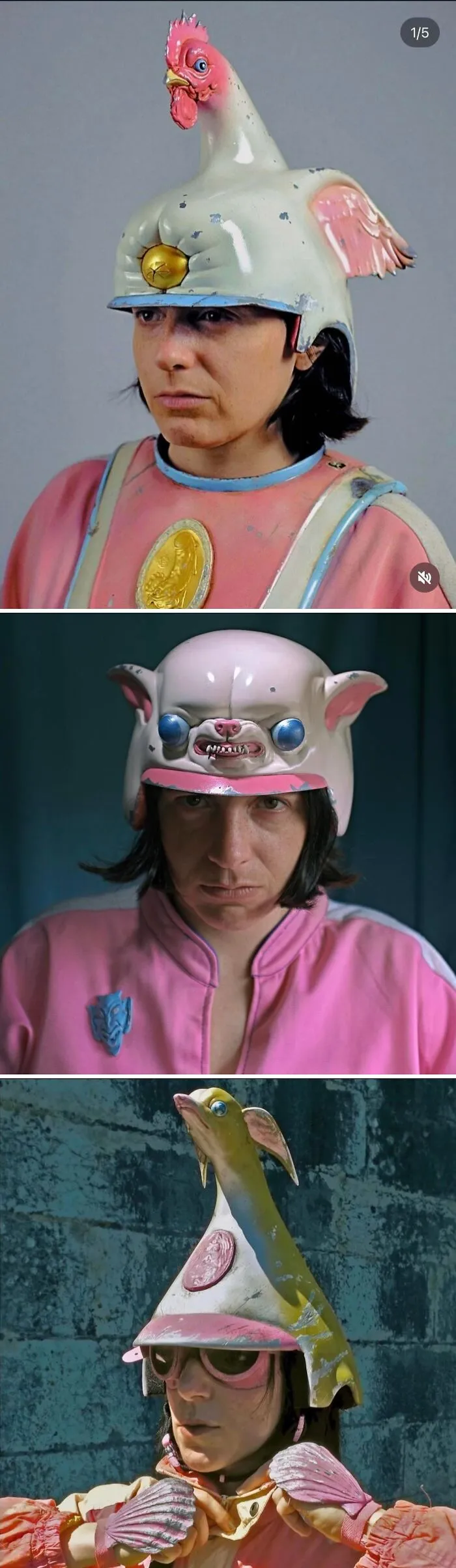 A person wearing bizarre animal-shaped helmets, featuring creations awful to look at but far too well made.