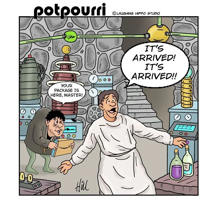 A scientist in a lab celebrates as Igor delivers a package in a one-panel comic by Laughing Hippo Studio.