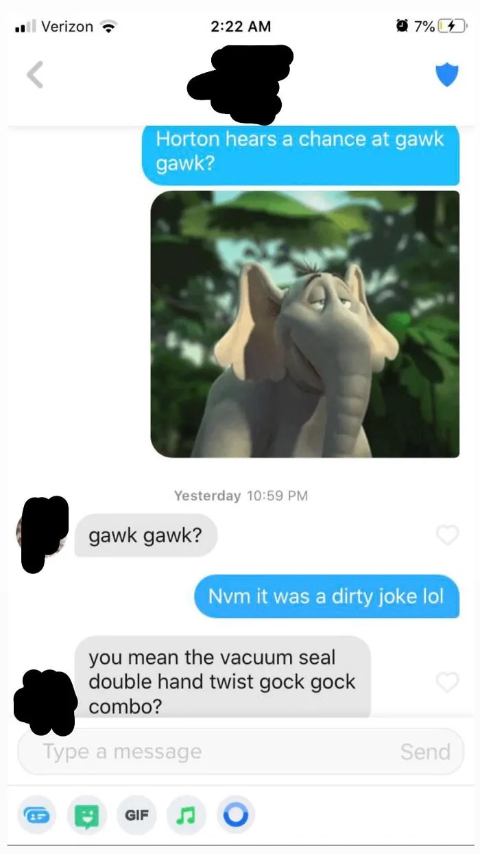 A screenshot showing an amusing Tinder chat exchange featuring an elephant meme.