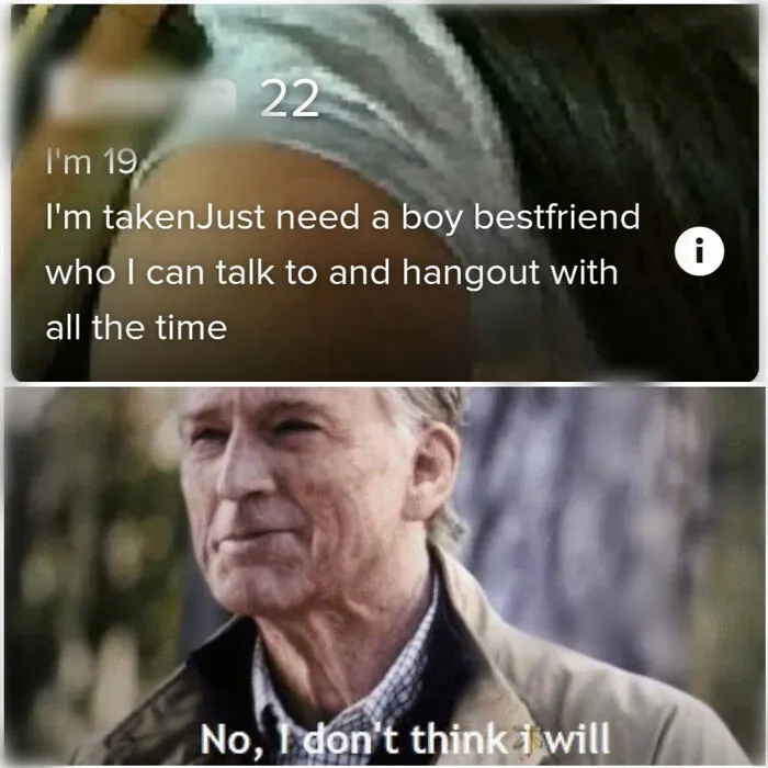 Meme featuring Captain America responding to a profile asking for a boy best friend, highlighting funny Tinder stories.