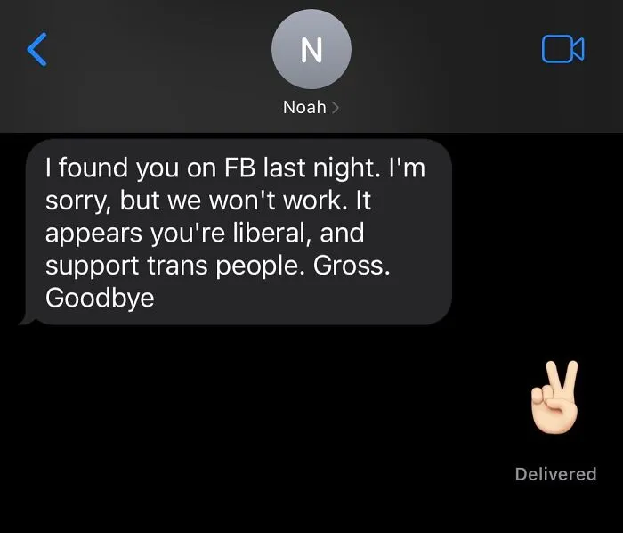 Frustrating Tinder stories screenshot showing a match ending over political differences.