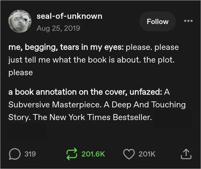 Clever Tumblr post joking about unhelpful book cover blurbs and annotations