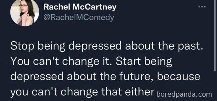 Dark dystopian memes shown in a tweet advising people to be depressed about the unchangeable future.