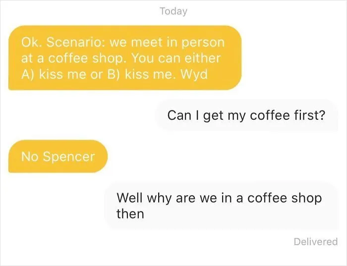 Funny text message exchange representing modern dating on Tinder