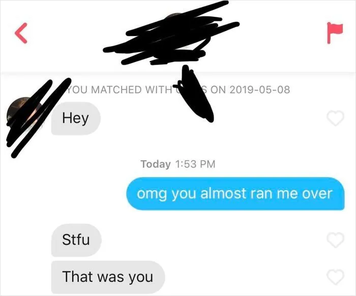 Amusing Tinder conversation about an accidental near miss in traffic