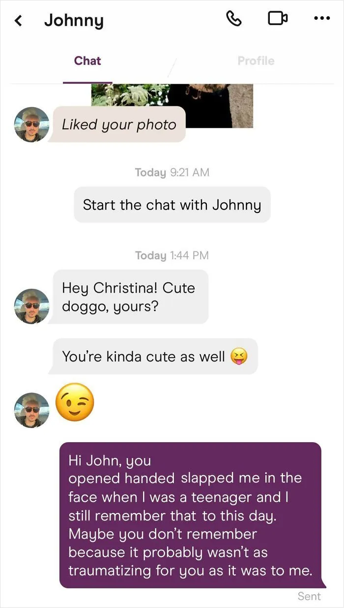 Awkward Tinder stories chat screenshot where someone confronts a childhood acquaintance.