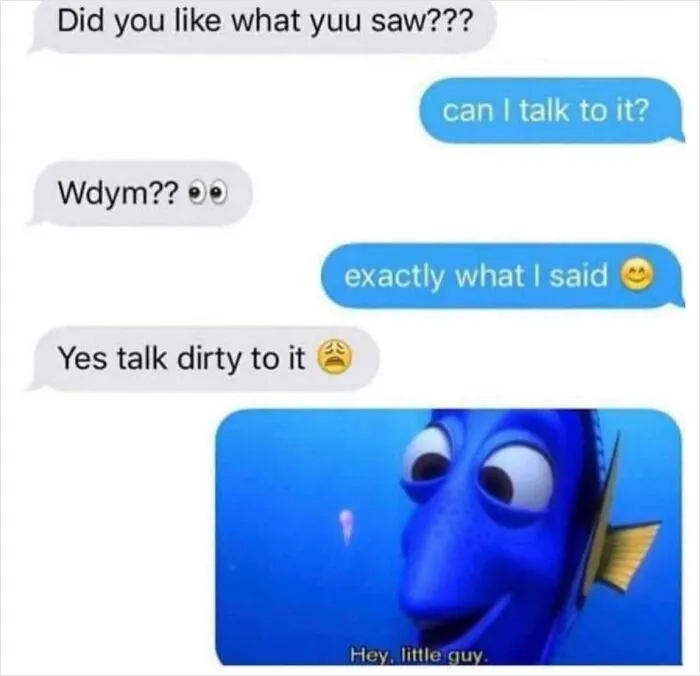 Frustrating yet hilarious Tinder interaction featuring a Dory meme response