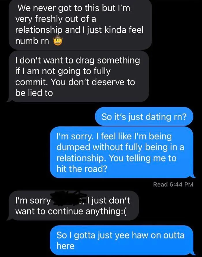 Modern dating text message exchange showing a person breaking things off before a relationship starts