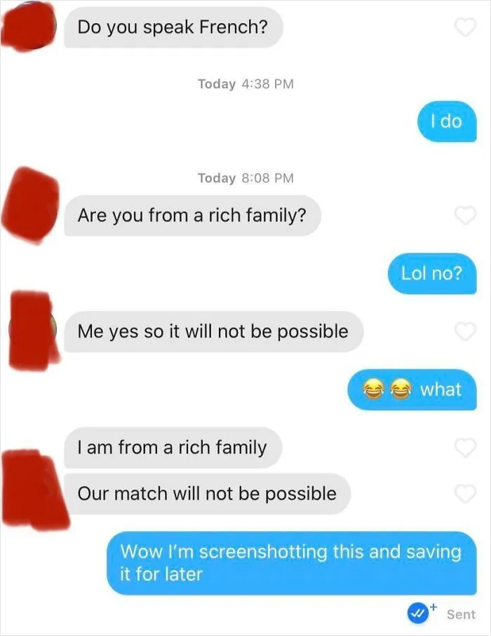 Chat screenshot showing frustrating Tinder stories about class status in modern dating.