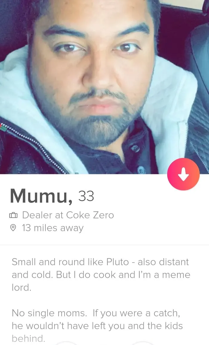 Amusing Tinder stories screenshot of a profile bio with harsh words for single moms