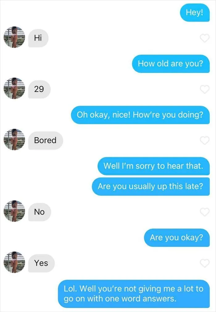 A screenshot showing a dry Tinder conversation with one-word responses illustrating modern dating.