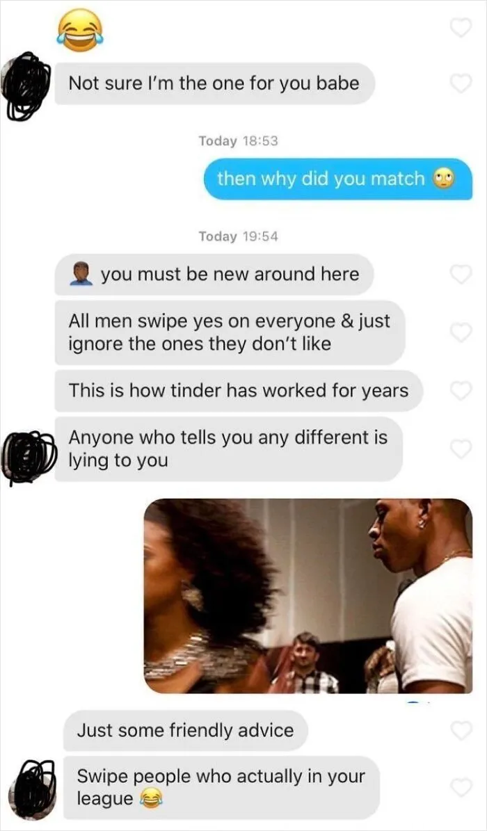 Screenshot of text messages depicting frustrating Tinder stories about swiping habits.