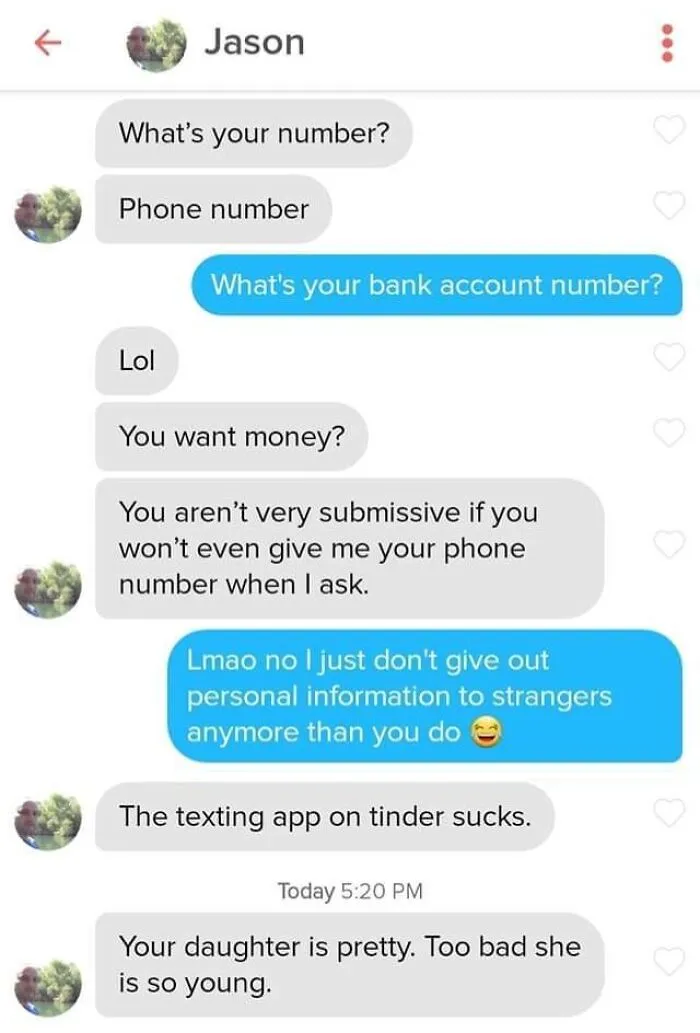 A screenshot of an uncomfortable and frustrating Tinder chat exchange about personal privacy.