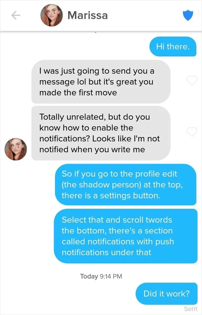 Screenshot of app messages showing tech support modern dating Tinder stories.