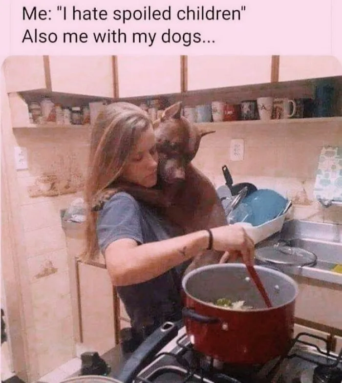 A woman holding a dog while cooking, representing funny dog memes about spoiled pets.