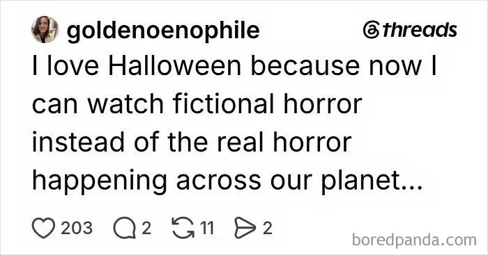 Spooky season social media post about preferring fictional horror movies over real life.