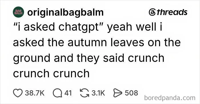 Humorous text post during spooky season about stepping on crunchy autumn leaves.
