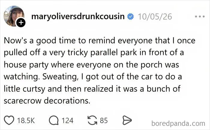 Funny Halloween posts sharing a story about curtsying to scarecrow decorations on a porch