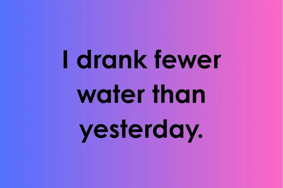 Sentence testing whether the word fewer is used correctly with water on a gradient background.