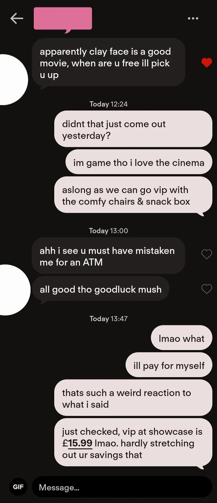 Text conversation about movie plans representing amusing Tinder stories and modern dating misunderstandings.