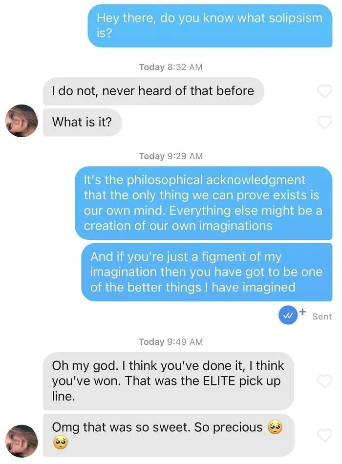 Screenshot of a chat containing a clever pickup line for amusing Tinder stories about modern dating.