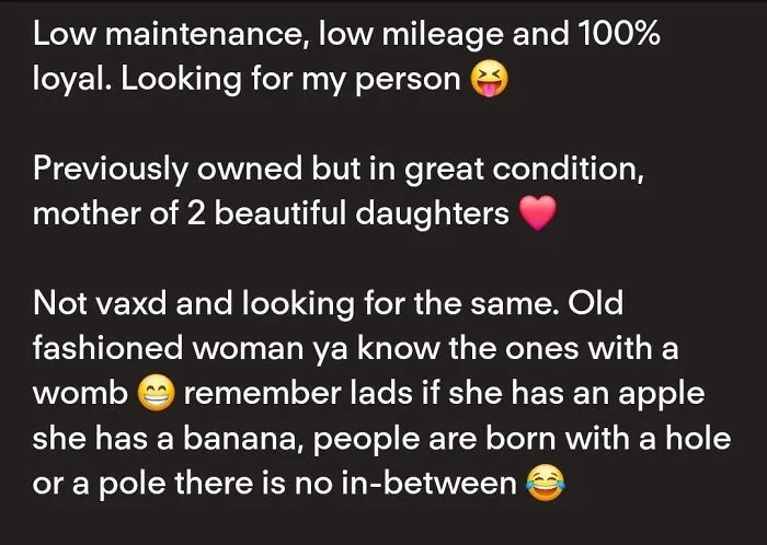 Profile description example from Tinder stories featuring problematic and bizarre modern dating preferences