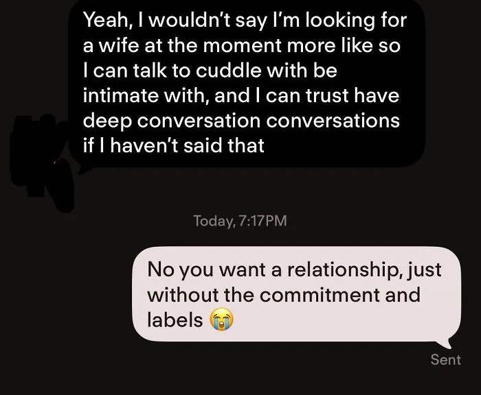 Screenshot of text messages illustrating frustrating Tinder stories about modern dating and relationship commitment