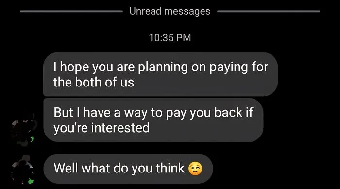 Chat screenshot showing flirtatious messages about paying for a date from Tinder stories on modern dating.