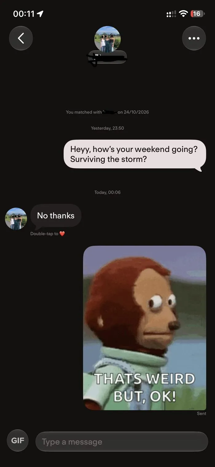 Chat screenshot showing a blunt rejection response, an example of funny Tinder stories in modern dating.