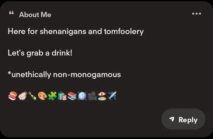 Dating app profile bio displaying unethically non-monogamous, showing funny Tinder stories.