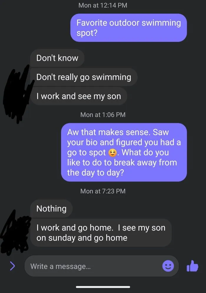Screenshot of a dry message exchange illustrating frustrating Tinder stories from modern dating.