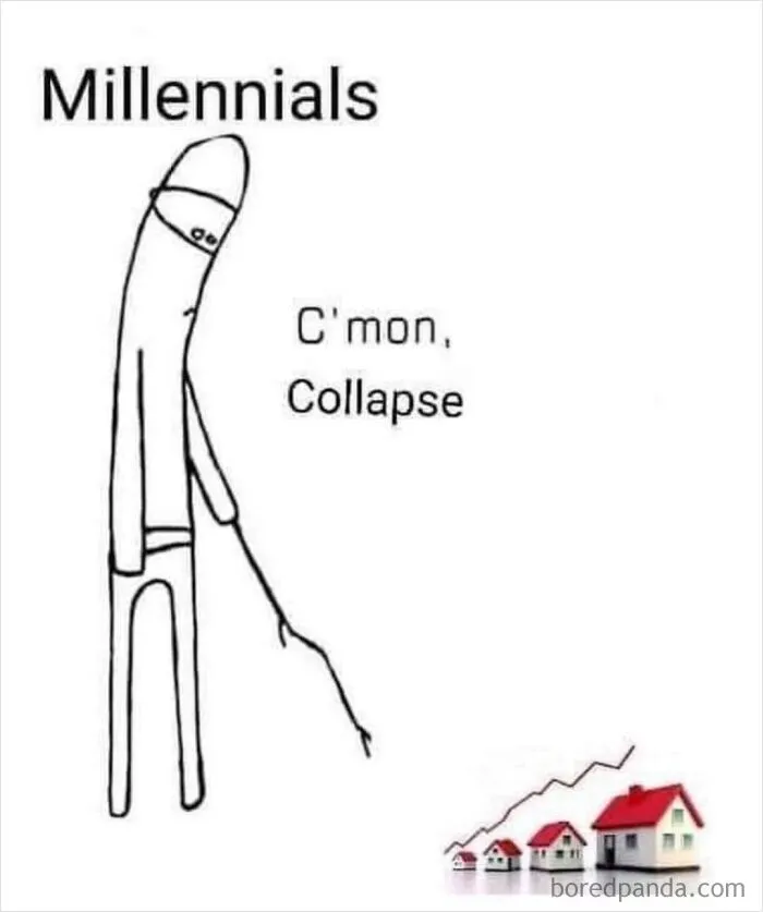 A stick figure poking a housing market chart with a stick, one of many dark dystopian memes about housing prices.