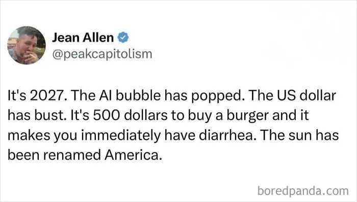 Tweet post about AI bubble popping and dystopian future dark dystopian memes.